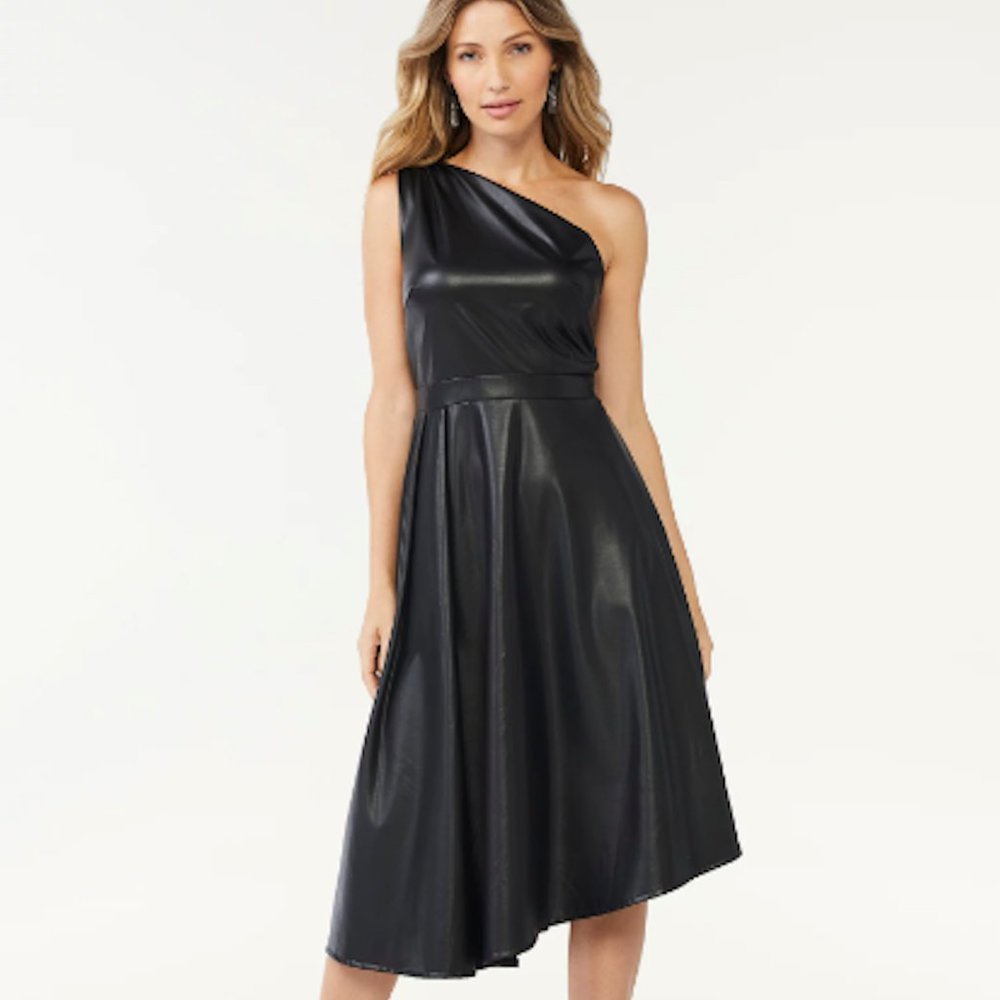 NWT Sofia Vergara Women's One Shoulder Faux Leather Olive Dress Black XS